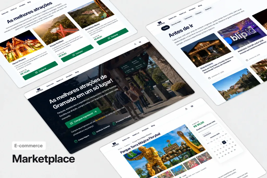 Página inicial do site Ingressos.com.br com o catálogo de parques e atrações